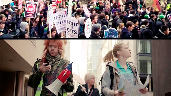 Принимая участие в студенческом протесте, герои не попадают за решётку — не столько в силу социокультурных различий Великобритании и России, сколько потому, что умудряются не туда приехать